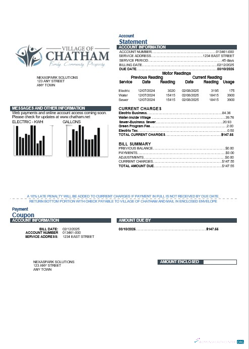 Download USA Village of Chatham business utility bill template in Word and PDF formats Photoshop template